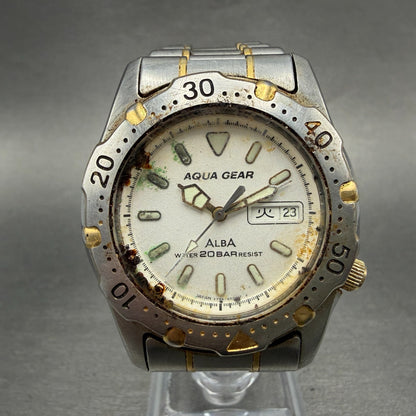 Seiko Alba Aqua Gear Watch Men 37mm Silver Dial Two Tone Daydate New Battery VTG0
