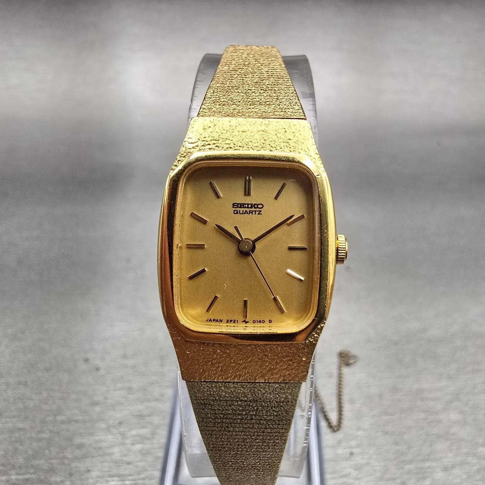 Seiko Watch Women 17mm Gold Dial Gold Tone Rectangle 2P21-5080 New Battery VTG0