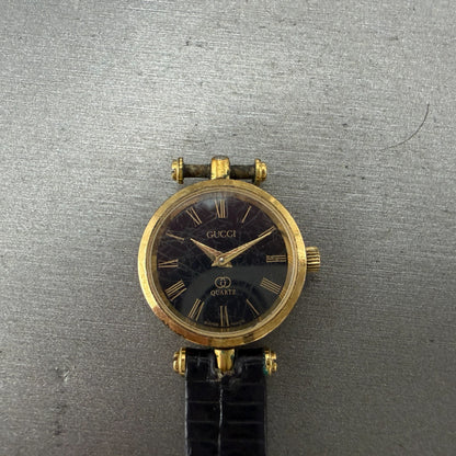 Gucci 2000L Watch Women 22mm Black Dial Gold Plated Round New Battery VTG LKASDT0