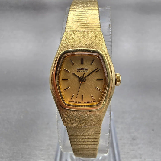 Seiko Watch Women 16mm Gold Dial Gold Tone Oval 2C21-5140 New Battery Vintage0