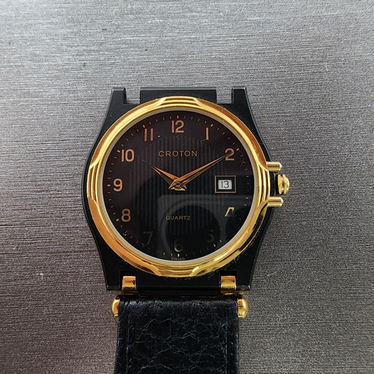 NOS Croton Watch Women 30mm Black Dial Black Tone Date Round New Battery