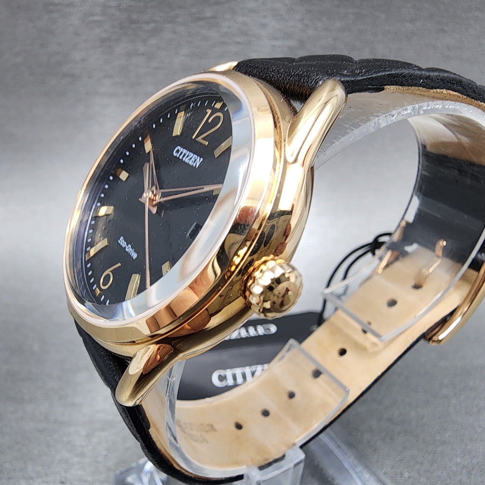 Citizen EcoDrive Watch Women 36mm Black Dial Rose Gold Tone Date Round FE60832