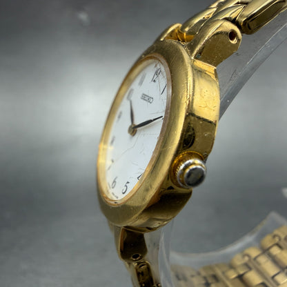 Seiko Watch Women 24mm White Dial Gold Tone Round 1N00-1E19 New Battery hKJh2