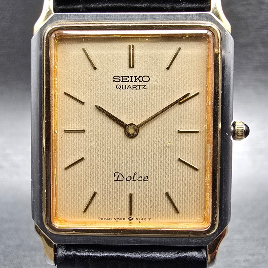Seiko Dolce Watch Men 25mm Champagne Dial Two Tone Rectangle 9520-5130 New Batt1