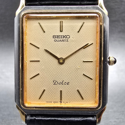 Seiko Dolce Watch Men 25mm Champagne Dial Two Tone Rectangle 9520-5130 New Batt1