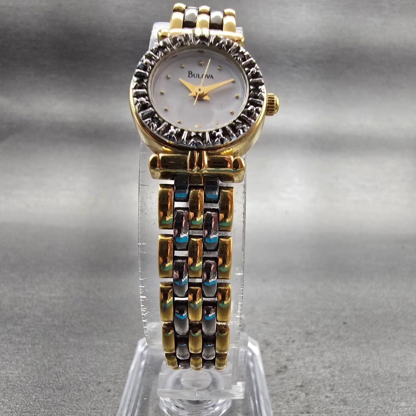 Bulova Watch Women 18mm White Dial Two Tone Gemmed Round 98R24 New Battery5
