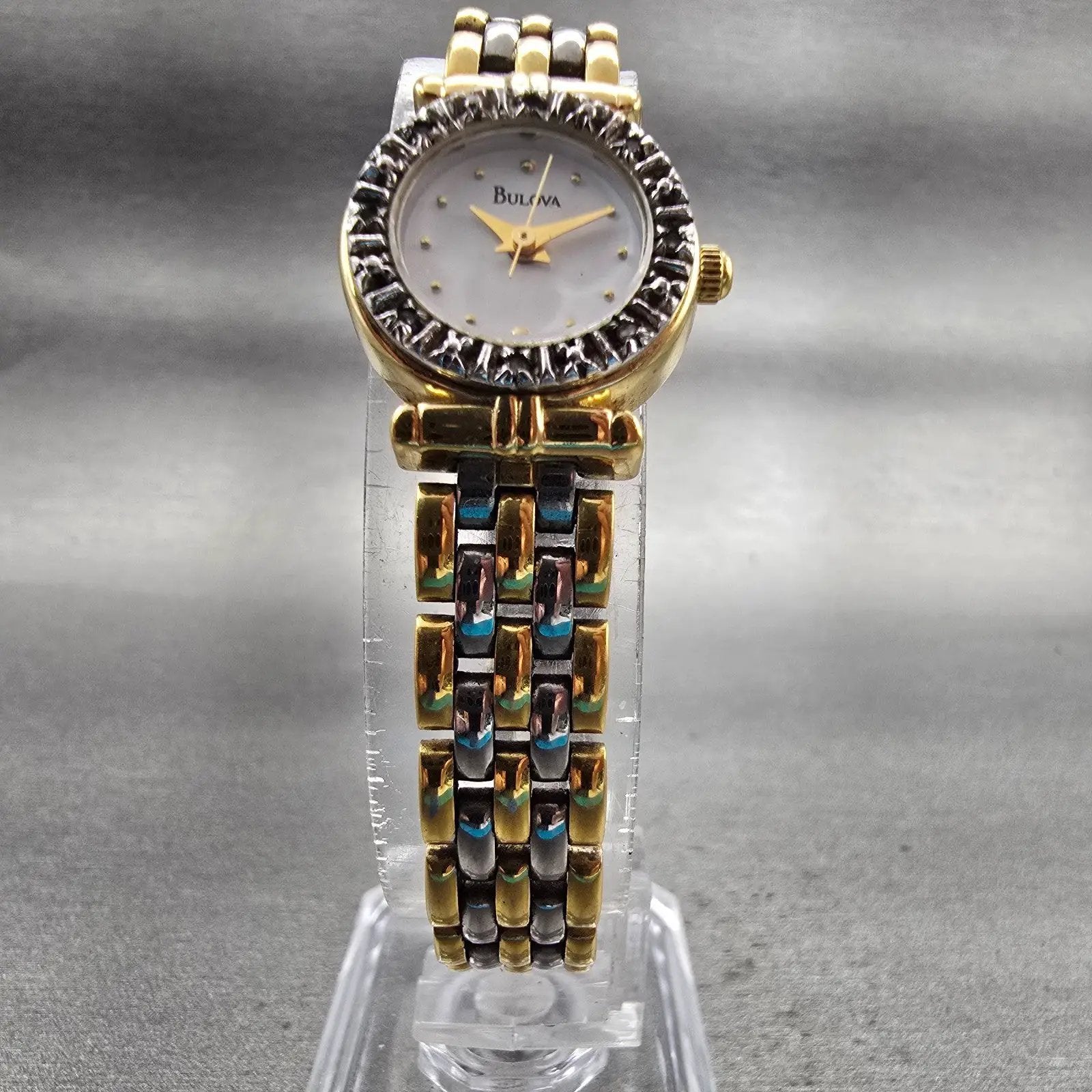Bulova Watch Women 18mm White Dial Two Tone Gemmed Round 98R24 New Battery5