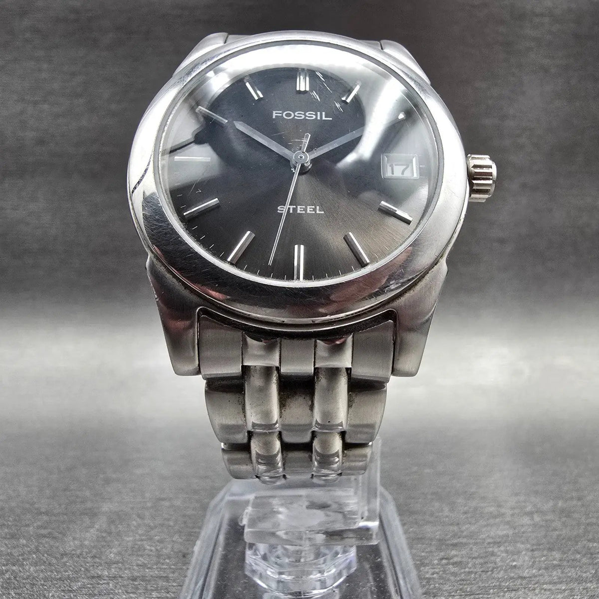 Fossil Steel Watch Men 34mm Gray Dial Silver Tone Date Round FS-2642 New Batt JP5