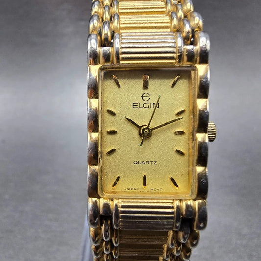 Elgin Tank Watch Women 16mm Gold Dial Gold Tone Rectangle New Battery EM898-0170