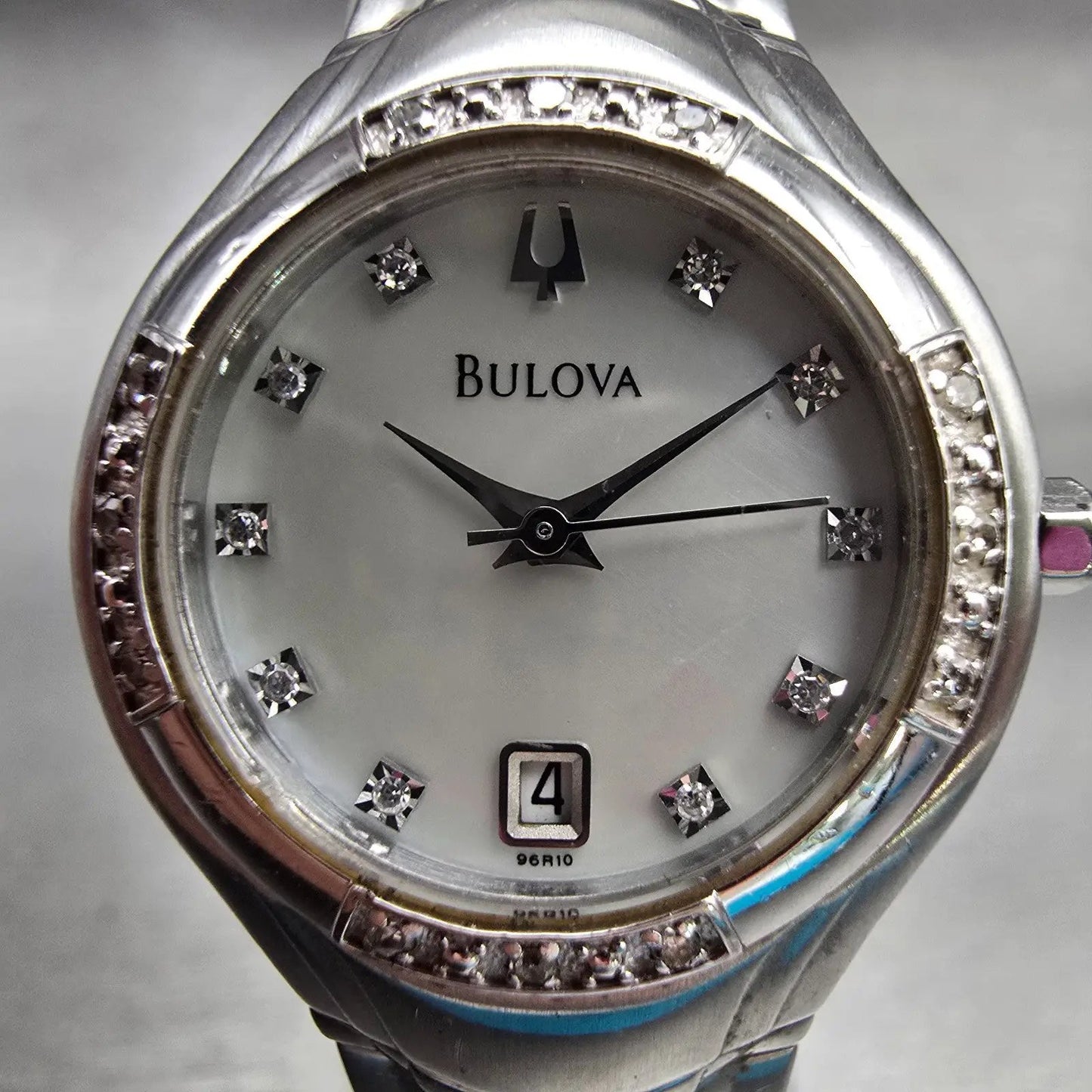 Bulova Watch Women 26mm MOP Dial Silver Tone Date Diamonds Round New Batt 96R100