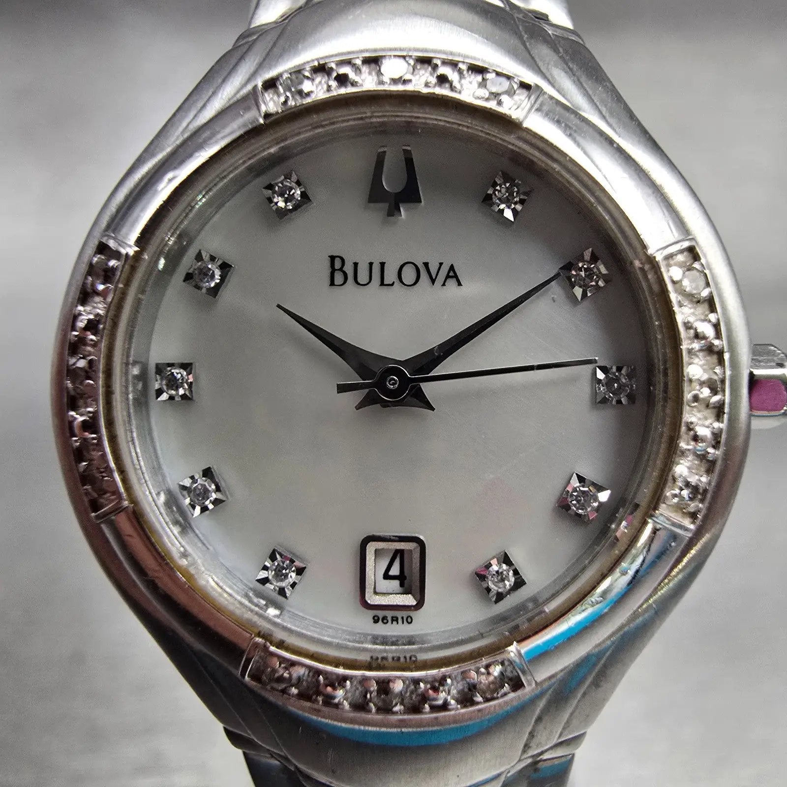 Bulova Watch Women 26mm MOP Dial Silver Tone Date Diamonds Round New Batt 96R100