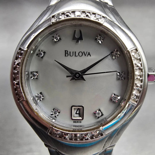 Bulova Watch Women 26mm MOP Dial Silver Tone Date Diamonds Round New Batt 96R100