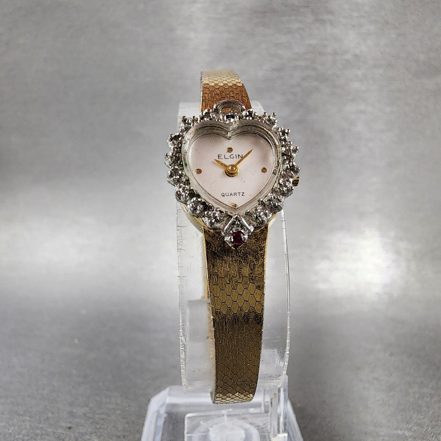 Elgin Watch Women Silver Dial Gold Tone Heart Shaped Gem Set bezel New battery5