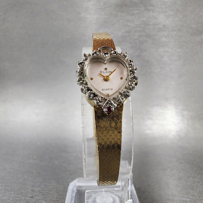 Elgin Watch Women Silver Dial Gold Tone Heart Shaped Gem Set bezel New battery5