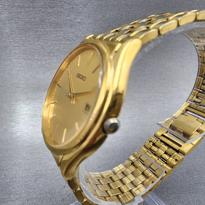 Seiko Watch Men 33mm Champagne Dial Gold Tone Date V732-0c49 New Battery