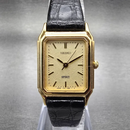 Seiko Spirit Tank Watch Women 20mm Gold Dial Gold Rectangle 1F21-5B40 New Batt0