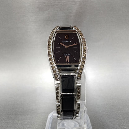 Seiko Solar Watch Women 19mm Black Dial Silver Tone Crystal Accent Runs V1150AY05