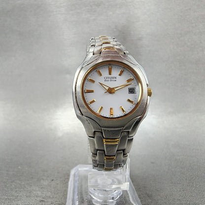Citizen EcoDrive Watch Women 25mm White Dial Two Tone Date E011S049601 Run5