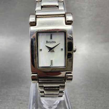 Bulova Tank Watch Women 18mm MOP Dial Silver Tone Rectangle 96L47 New Battery0
