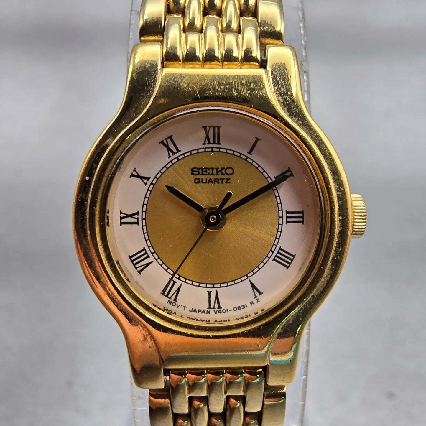 Seiko Watch Women 19mm Gold Dial Gold Tone Round V401-0289 New Battery Vintage0