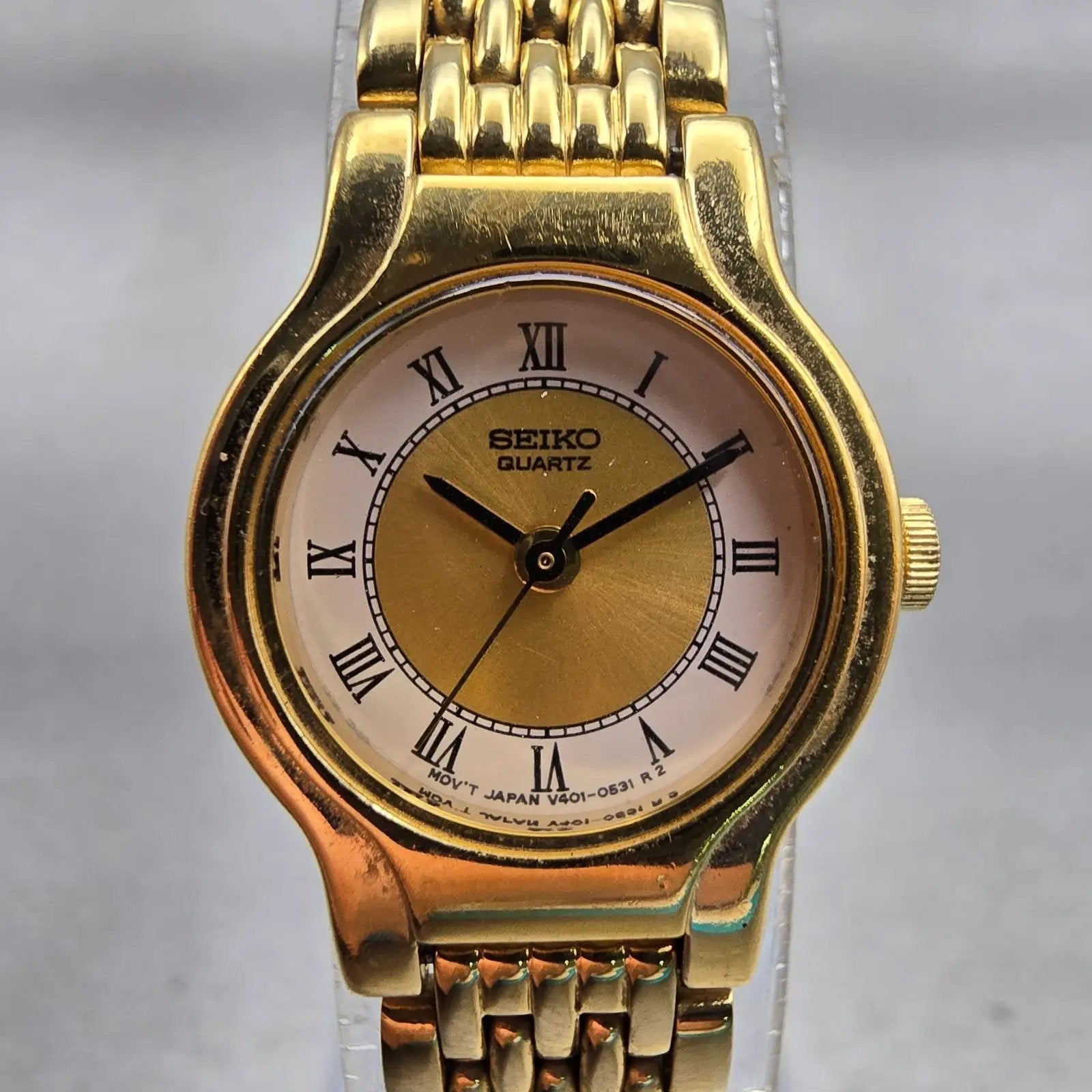 Seiko Watch Women 19mm Gold Dial Gold Tone Round V401-0289 New Battery Vintage0