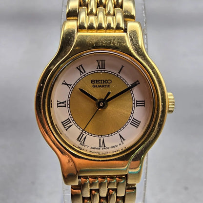Seiko Watch Women 19mm Gold Dial Gold Tone Round V401-0289 New Battery Vintage0