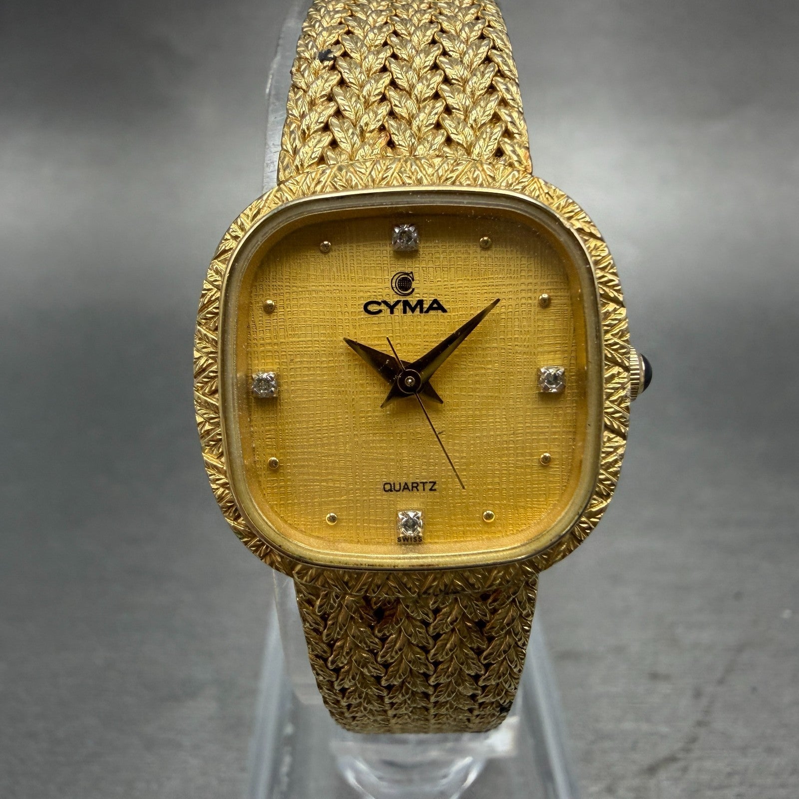 Cyma Watch Women 22mm Gold Dial Gold Tone Rectangle 806 New Battery Vintage0