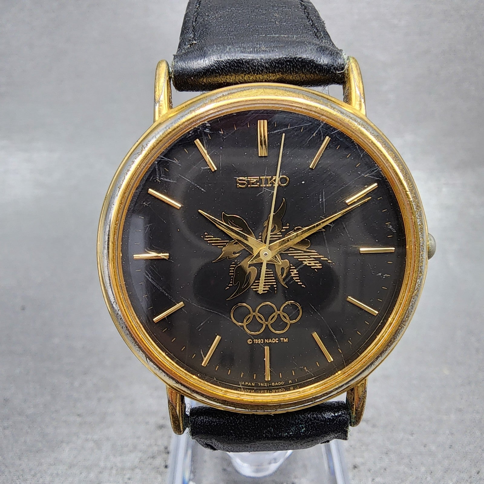 Seiko Watch Men 34mm Black Dial Gold Tone Olympic 7n218a00 New Battery0