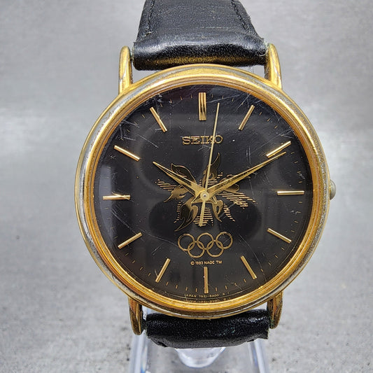 Seiko Watch Men 34mm Black Dial Gold Tone Olympic 7n218a00 New Battery0
