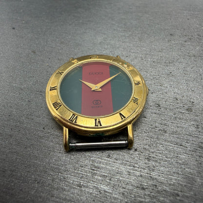 Gucci 3000L Watch Women 26mm Red Green Dial Gold Plated Round Leather New BattA52