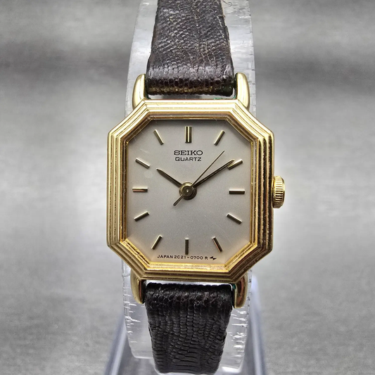 Seiko Watch Women 17mm Silver Dial Gold Tone Octagon 2C21-5279 New Battery VTG0