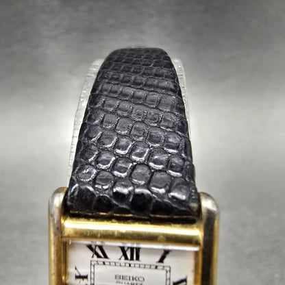 Seiko Tank Watch Women 17mm White Dial Gold Tone Rectangle 2C20-5019 New Batt 894