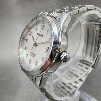 Timex Indiglo Watch Women 25mm MOP Dial Silver Tone Date Round New battery2