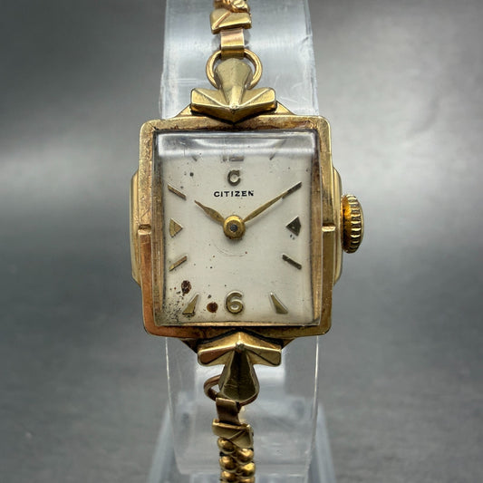 Citizen Tank Watch Women 16mm White Dial Gold Tone Manual 60743 Runs Vinatge0