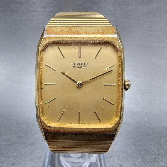 Seiko Tank Watch Men 26mm Gold dial Gold Tone Rectangle 6530-5080 New Battery