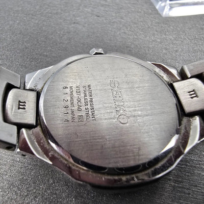 Seiko Solar Watch Women 31mm MOP Dial Two Tone Date Round V137-0CA0 Runs8