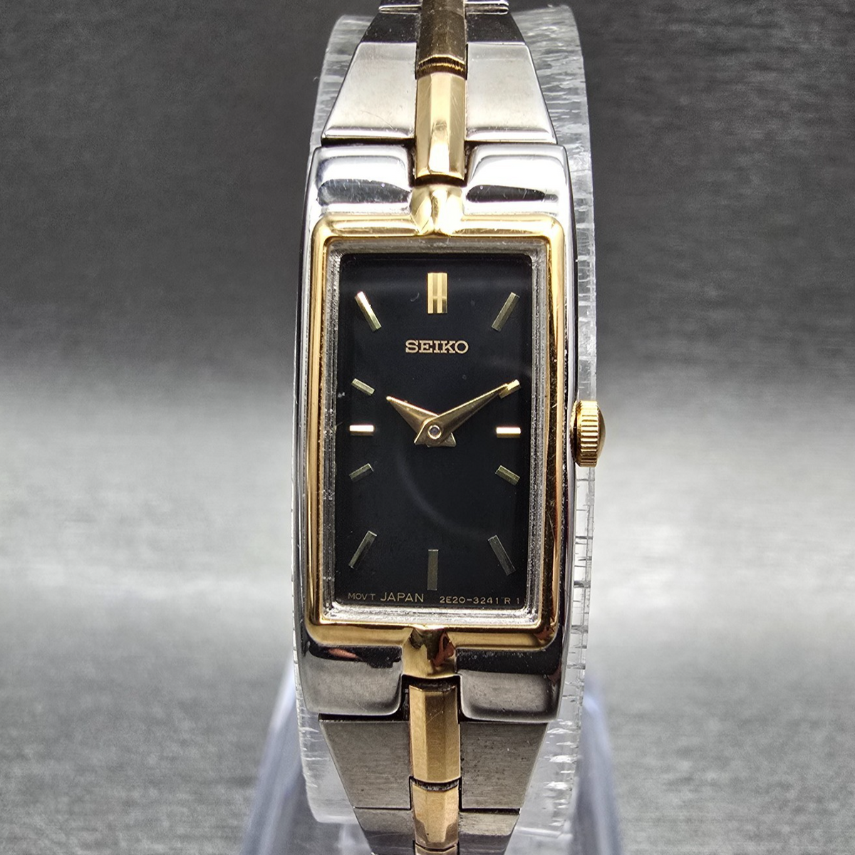 Seiko Watch Women 13mm Black Dial Two Tone Rectangle 2E20-7479 New Battery0