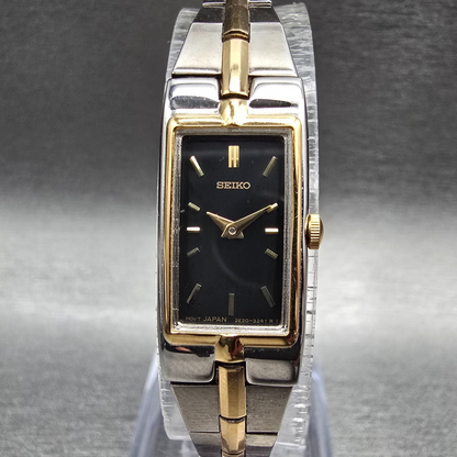 Seiko Watch Women 13mm Black Dial Two Tone Rectangle 2E20-7479 New Battery0