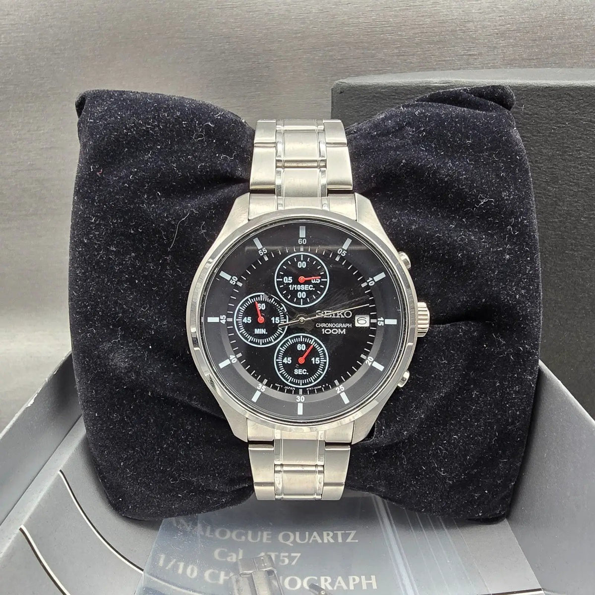 Seiko Chronograph Watch Men 43mm Black Dial Silver Tone Date 4T57-00G0 New Batt3