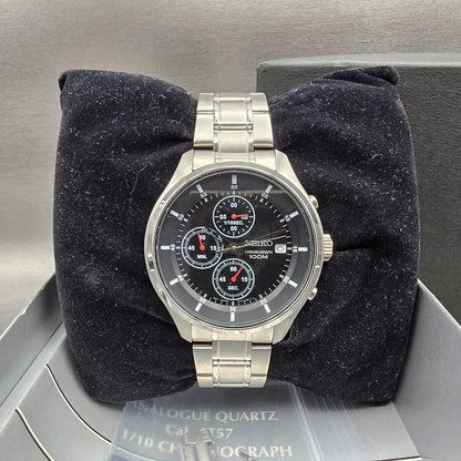Seiko Chronograph Watch Men 43mm Black Dial Silver Tone Date 4T57-00G0 New Batt3