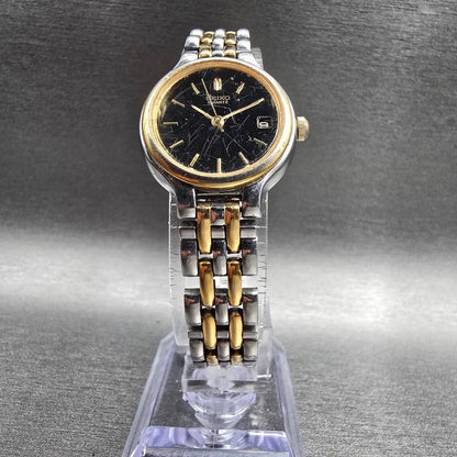 Seiko Watch Women 23mm Black Dial Two Tone Date Round 7N82-0228 New Battery JP15