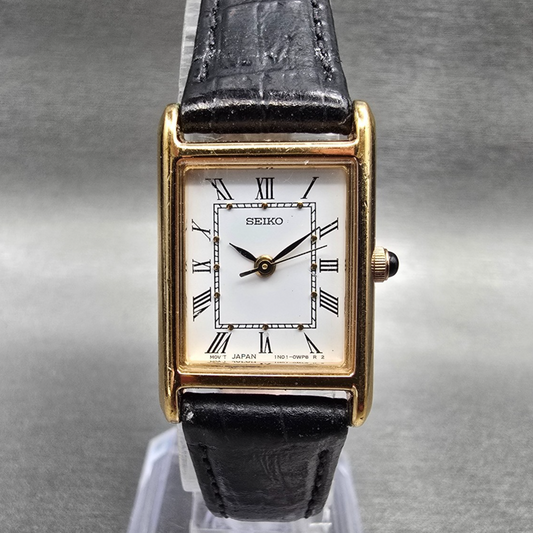 Seiko Tank Watch Women 18mm White Dial Gold Tone Rectangle 1N01-0LK0 New Batt JP0