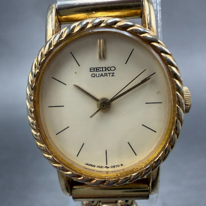 Seiko Watch Women 19mm Champagne Dial Gold Tone Oval 1421-5510 New Battery VTG1