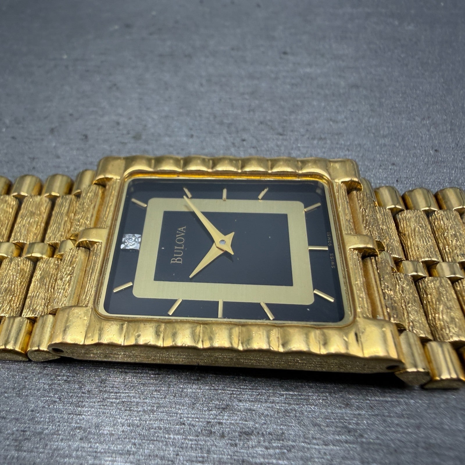 Bulova Tank Watch Men 25mm Black Dial Gold Tone READ!!!! Rectangle 92M51 New Bat5