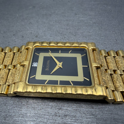 Bulova Tank Watch Men 25mm Black Dial Gold Tone READ!!!! Rectangle 92M51 New Bat5