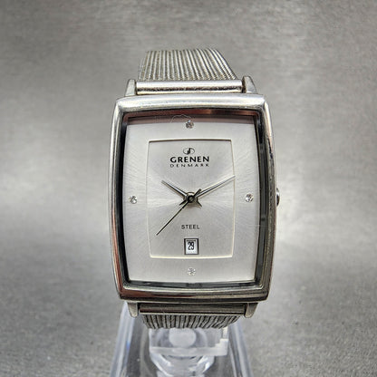 Skagen Grenen Tank Watch Women 23mm Silver Dial Steel Date Rectangle New Battery