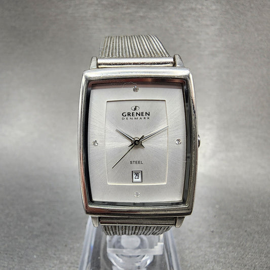 Skagen Grenen Tank Watch Women 23mm Silver Dial Steel Date Rectangle New Battery