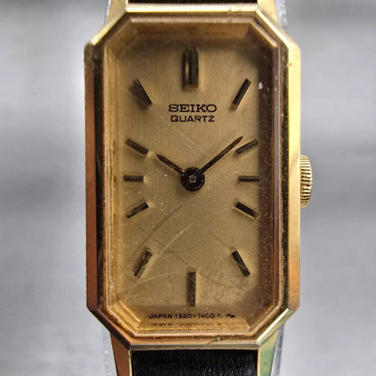 Seiko Watch Women 13mm Gold Dial Gold Tone Rectangle 1320-6059 New Battery VTG1