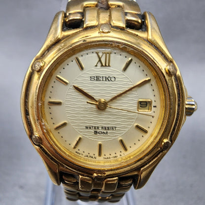 Seiko Watch Women 26mm Champagne Dial Gold Tone Date Round 7n820599 New Battery1