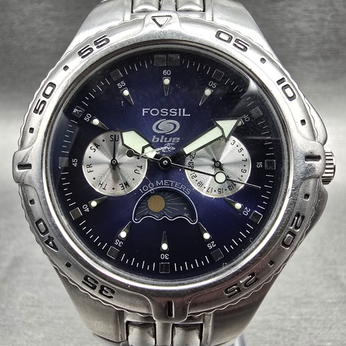 Fossil Watch Men 40mm Blue Dial Silver Sun & Moon Daydate Round BQ-9138 New Batt1
